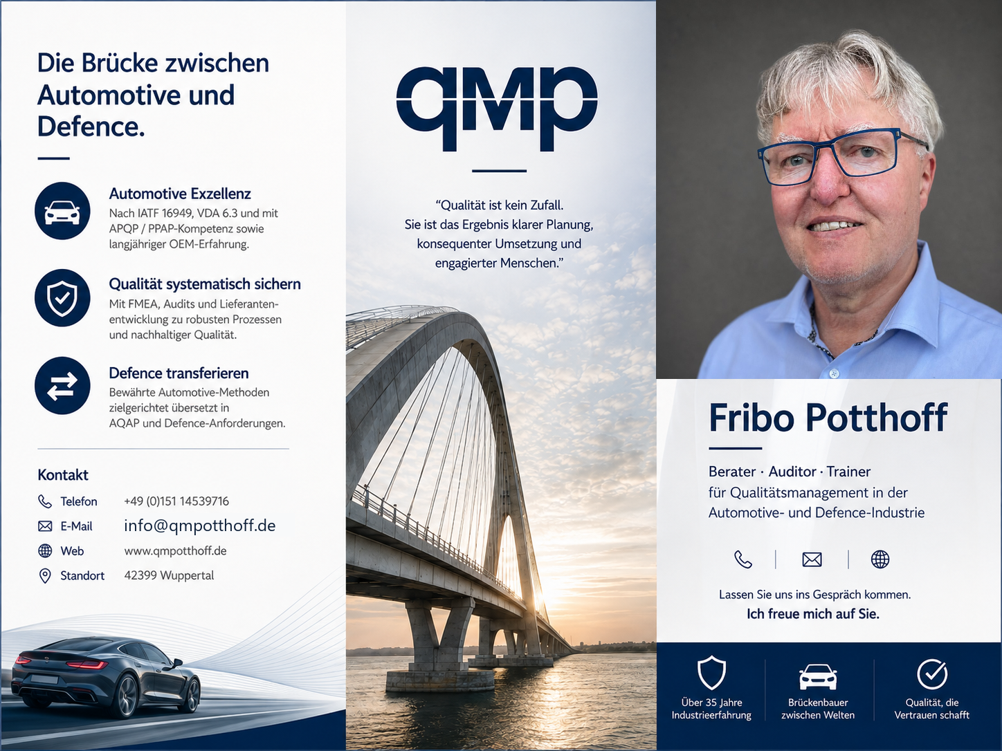 Vorderseite des QM Potthoff Profilflyers mit Foto, Leistungsversprechen und Kontaktdaten
